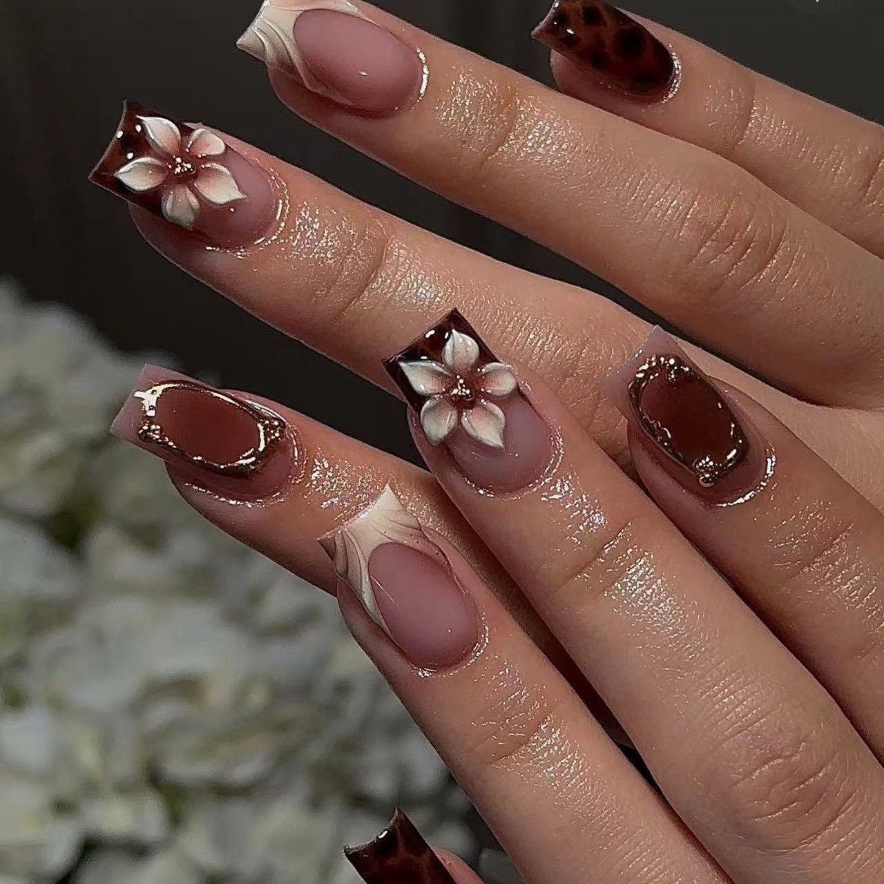 Pressed Flower Art - Faux ongles carrés courts pour femmes